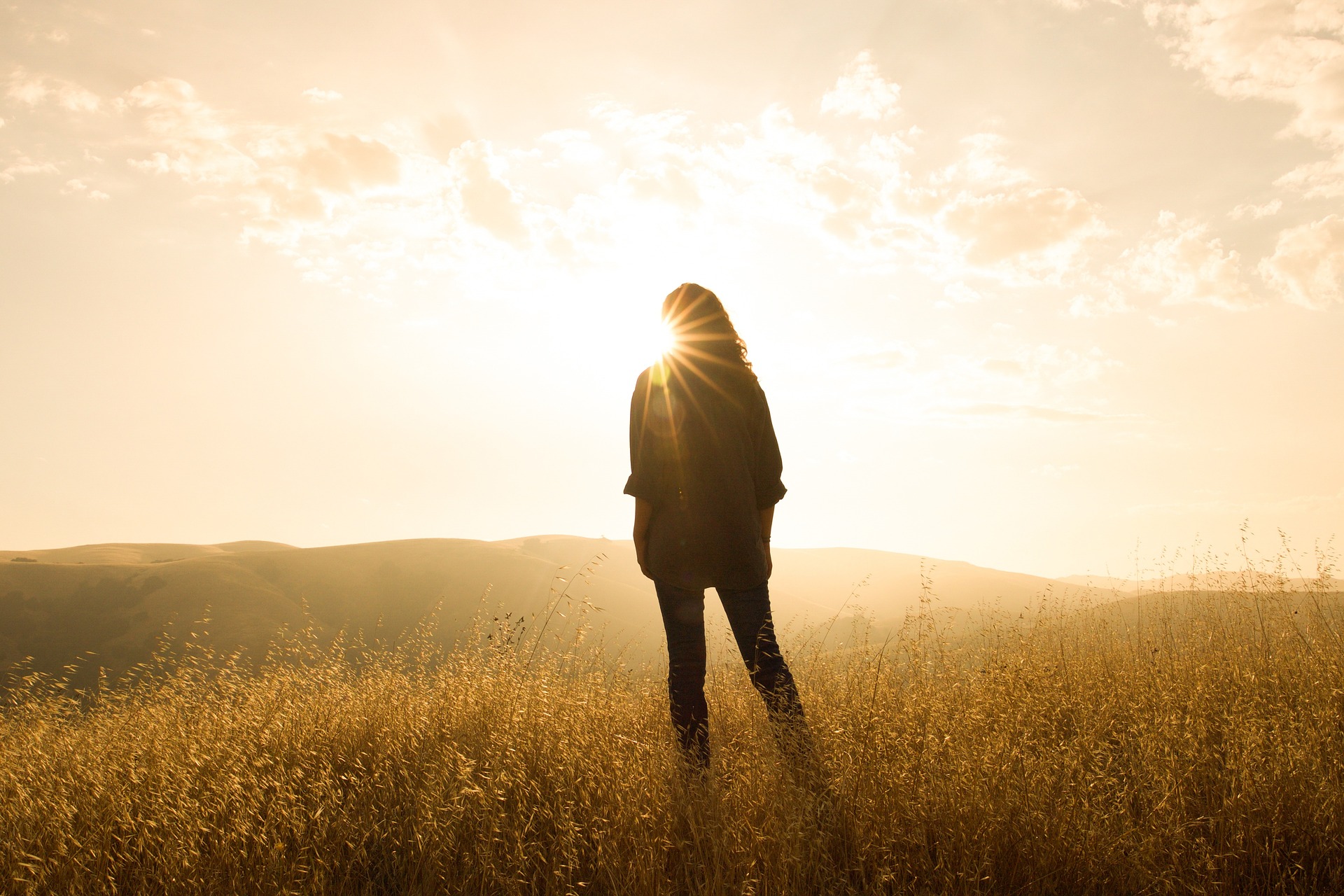 Silhouette of person in sunny field.