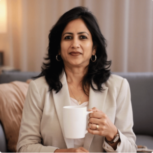 Woman holding a white mug, smiling indoors.